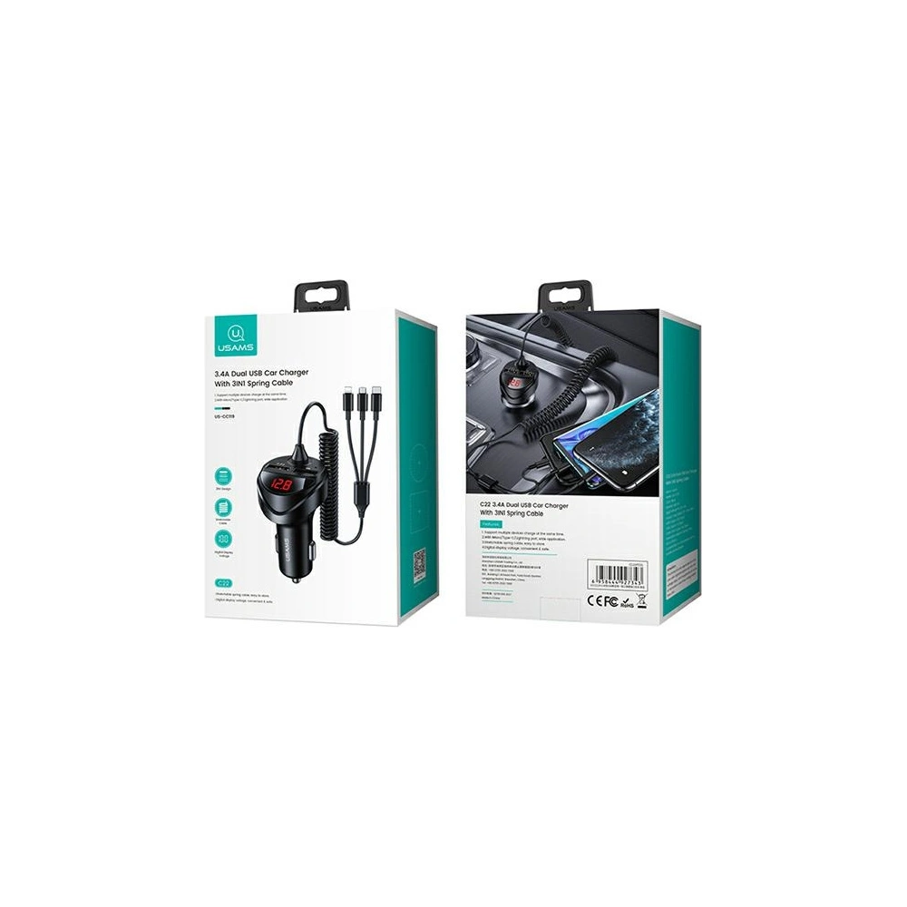 Wholesale USAMS Car Charger 2xUSB+ kable 3in1 C22 (Lightning+microUSB+USB-C) black CC119TC01 (US-CC119) - USA503BLK - {ean13} - Hurt