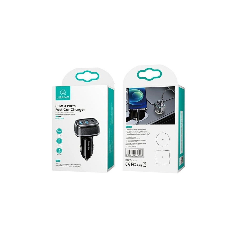 Hurtownia GSM - Auto nabíječka USAMS C24 2xUSB+1xUSB-C 80W rychlé nabíjení bílá/white CC126TC02 - USA504WHT - {ean13} - Hurt