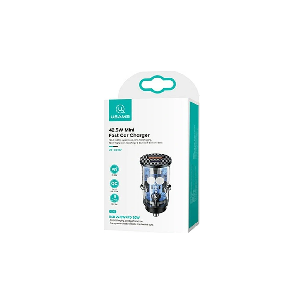 Hurtownia GSM - Autonabíječka USAMS C25 USB+USB-C 42,5W Rychlé nabíjení transparentní černá/black CC127CC01 - USA513BLK - {ean13} - Hurt