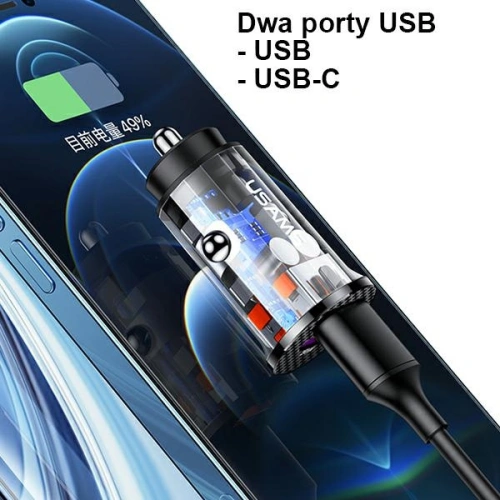 Ładowarka samochodowa USAMS C25 USB+USB-C 42.5W Fast Charge transparent niebieski/blue CC127CC02
