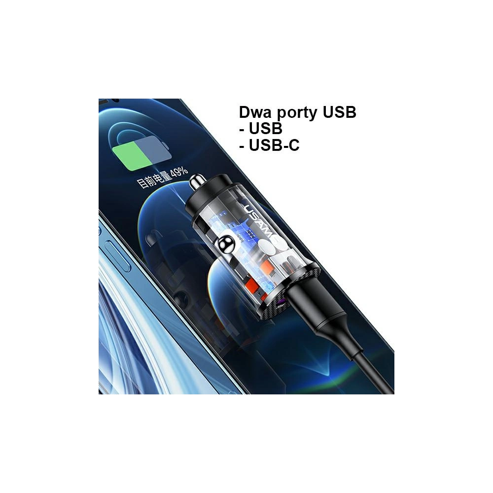 Hurtownia GSM - Ładowarka samochodowa USAMS C25 USB+USB-C 42.5W Fast Charge transparent niebieski/blue CC127CC02 - USA514BLU - {ean13} - Hurt