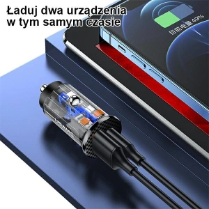 Hurtownia GSM - Ładowarka samochodowa USAMS C25 USB+USB-C 42.5W Fast Charge transparent niebieski/blue CC127CC02 - USA514BLU - {ean13} - Hurt