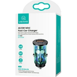 Hurtownia GSM - Ładowarka samochodowa USAMS C25 USB+USB-C 42.5W Fast Charge transparent niebieski/blue CC127CC02 - USA514BLU - {ean13} - Hurt
