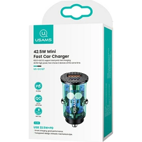 Ładowarka samochodowa USAMS C25 USB+USB-C 42.5W Fast Charge transparent niebieski/blue CC127CC02