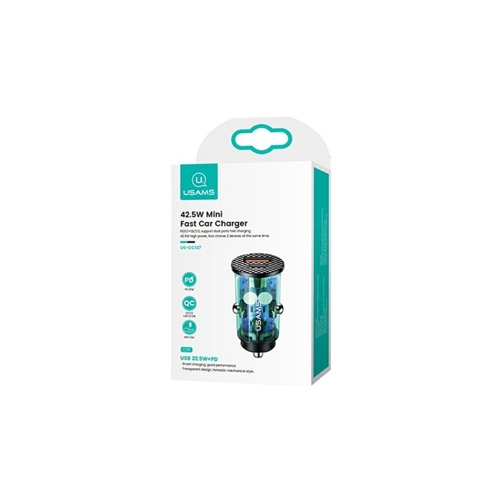Hurtownia GSM - Ładowarka samochodowa USAMS C25 USB+USB-C 42.5W Fast Charge transparent niebieski/blue CC127CC02 - USA514BLU - {ean13} - Hurt
