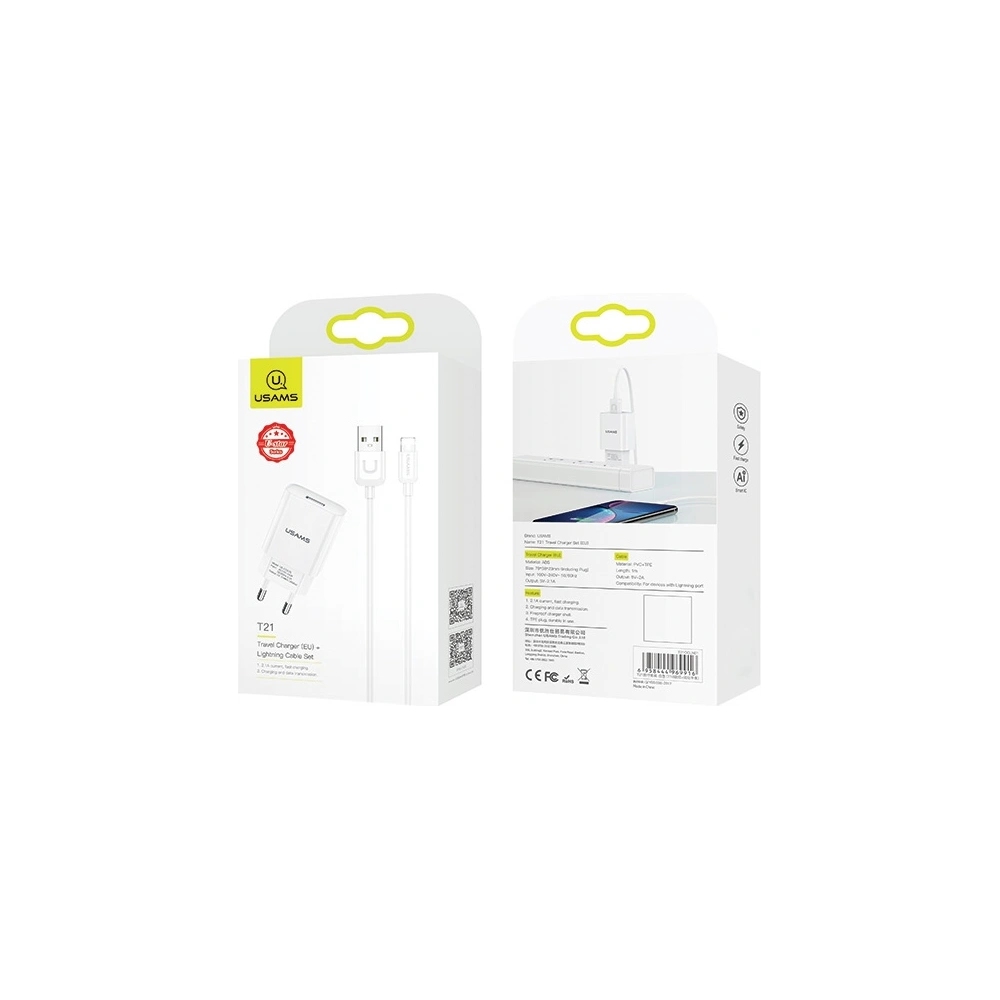 Hurtownia GSM - Ładowarka sieciowa USAMS T21 1xUSB lightning biały/white 2,1A Fast Charging T21OCLN01 - USA521WHT - {ean13} - Hurt