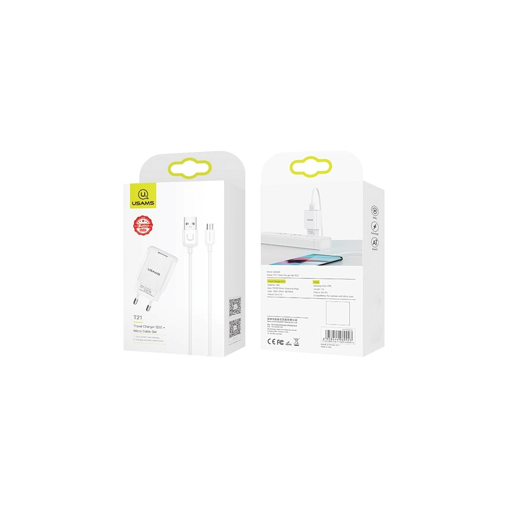 Wholesale USAMS Wall Charger 1xUSB T21 microUSB white 2,1A Fast Charging T21OCMC01 - USA522WHT - {ean13} - Hurt