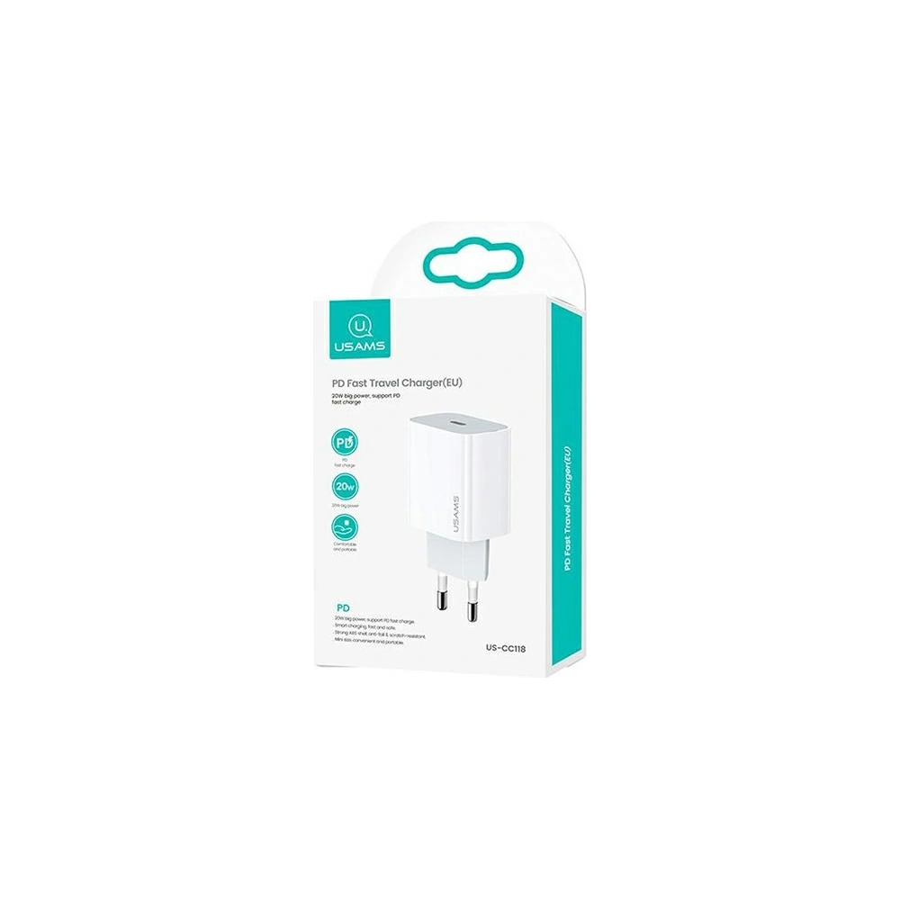 Hurtownia GSM - Ładowarka sieciowa USAMS T34 1xUSB-C 20W 5V-3A PD3.0 Fast Charging biały/white CC118TC01 - USA525WHT - {ean13} - Hurt