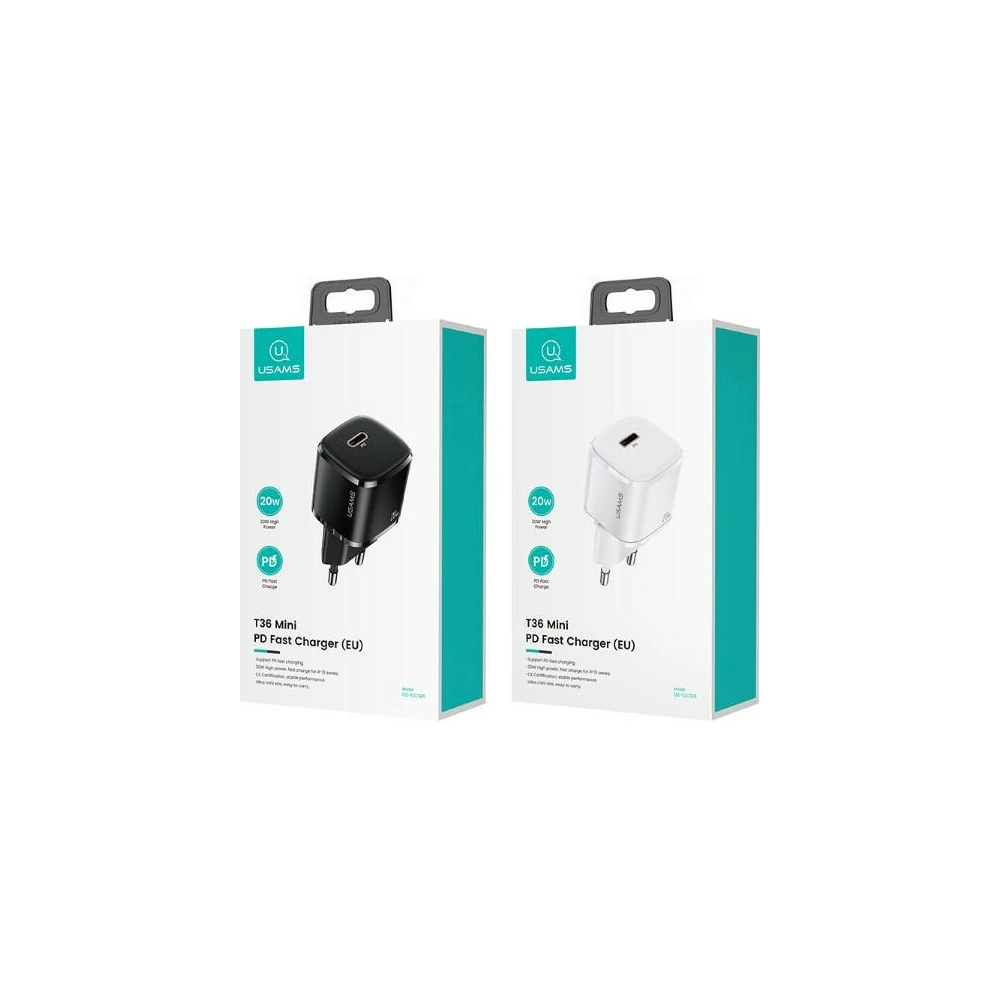 Wholesale USAMS Wall Charger 1xUSB-C T36 mini 20W PD3.0 Fast Charging black CC124TC01 (US-CC124) - USA527BLK - {ean13} - Hurt