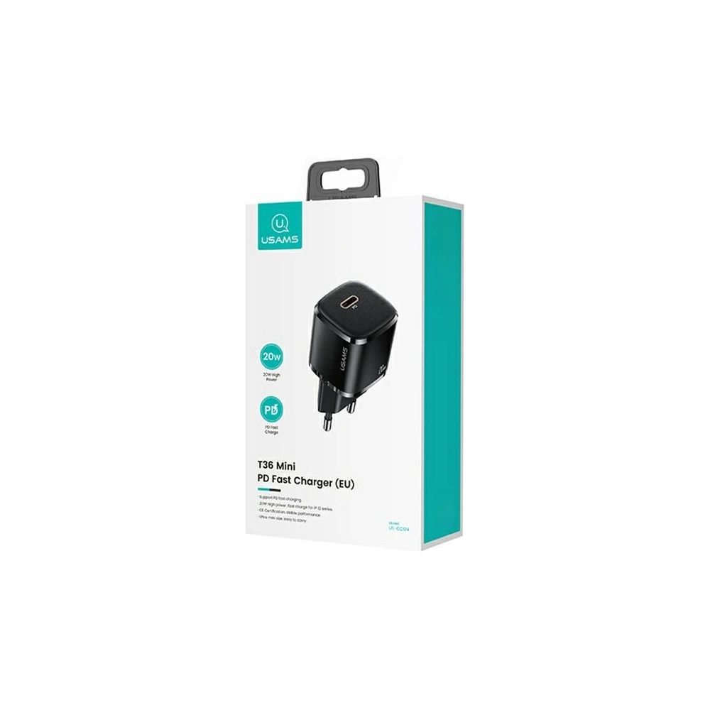 Hurtownia GSM - Ładowarka sieciowa USAMS T36 mini 1xUSB-C 20W + kabel USB-C-Lightning czarny/black PD3.0 Fast Charging XFKXLOGTL01 - USA529BLK - {ean13} - Hurt