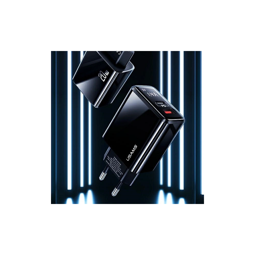 Hurtownia GSM - Ładowarka sieciowa USAMS T40 1xUSB-C+1xUSB 20W LED PD3.0 +QC3.0 Fast Charging czarny/black CC133TC01 - USA543BLK - {ean13} - Hurt