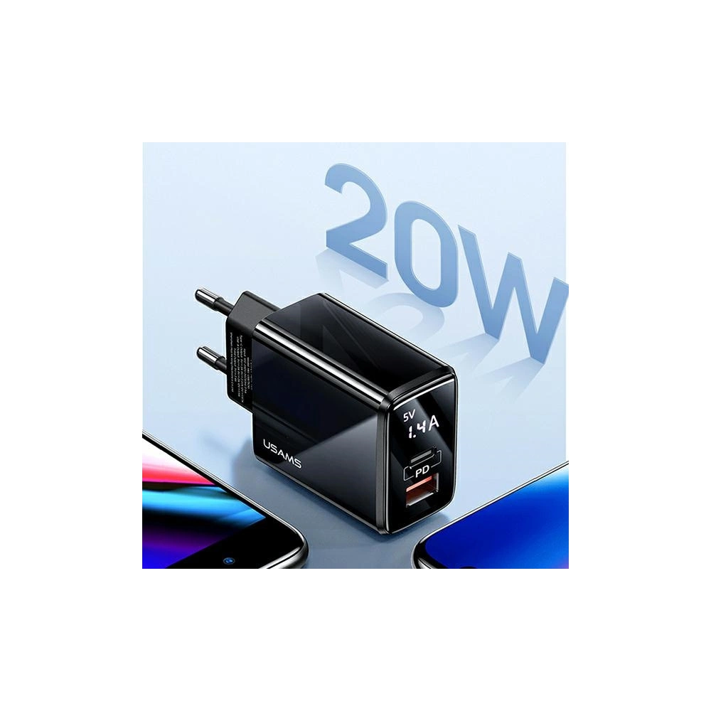 Hurtownia GSM - Síťová nabíječka USAMS T40 1xUSB-C+1xUSB 20W LED PD3.0 +QC3.0 Rychlé nabíjení černá/black CC133TC01 - USA543BLK - {ean13} - Hurt
