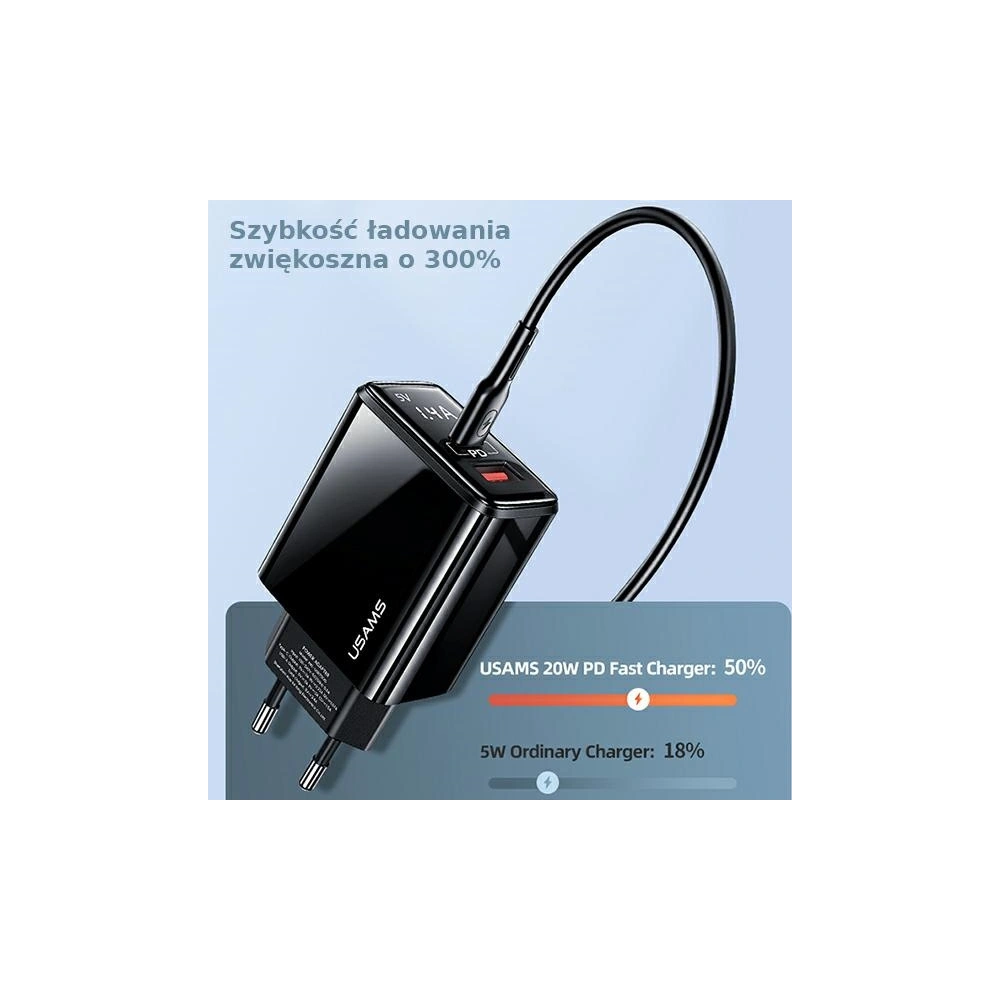 Hurtownia GSM - Ładowarka sieciowa USAMS T40 1xUSB-C+1xUSB 20W LED PD3.0 +QC3.0 Fast Charging czarny/black CC133TC01 - USA543BLK - {ean13} - Hurt