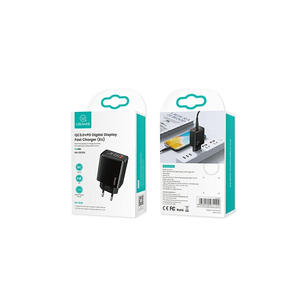 Hurtownia GSM - Ładowarka sieciowa USAMS T40 1xUSB-C+1xUSB 20W LED PD3.0 +QC3.0 Fast Charging czarny/black CC133TC01 - USA543BLK - {ean13} - Hurt