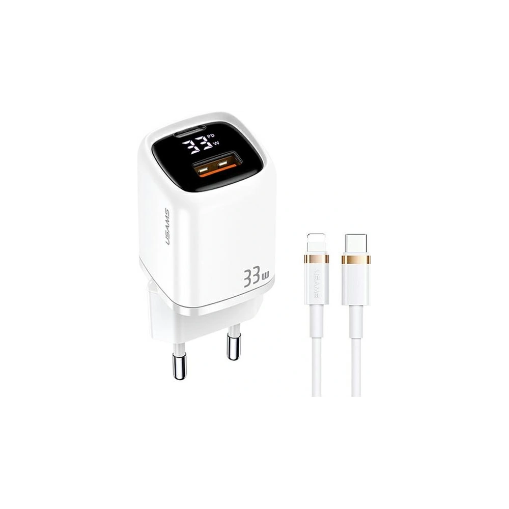 Hurtownia GSM - Síťová nabíječka USAMS T46 1xUSB-C+1xUSB 33W PD3.0 +QC3.0 Rychlé nabíjení +kabel U63 USB-C/Lightning bílý/white UDTZ02 - USA548WHT - {ean13} - Hurt