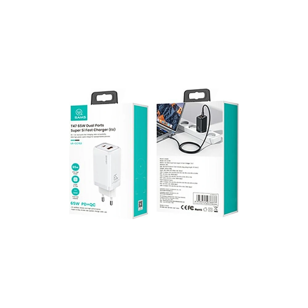 Hurtownia GSM - Síťová nabíječka USAMS T47 1xUSB-C+1xUSB 65W PD Rychlé nabíjení Super Si bílá/white CC153TC02 - USA550WHT - {ean13} - Hurt
