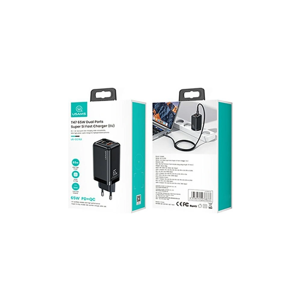 Hurtownia GSM - Síťová nabíječka USAMS T47 1xUSB-C+1xUSB 65W PD Rychlé nabíjení Super Si černá/black CC153TC01 - USA551BLK - {ean13} - Hurt