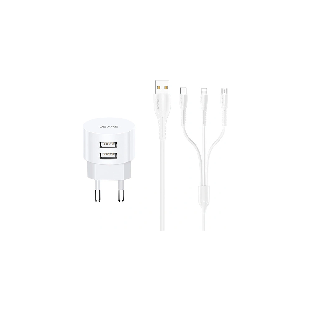 Hurtownia GSM - Nabíječka USAMS T20 2xUSB 2,1A 3w1 (lightning+microUSB+USB-C) bílá/white round Fast Charging XTXLOGT203101 - USA555WHT - {ean13} - Hurt