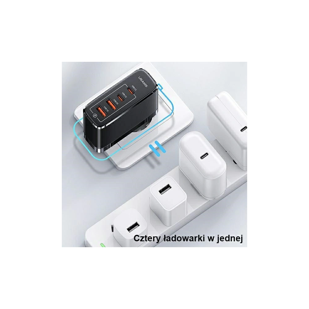 Hurtownia GSM - Ładowarka sieciowa USAMS T44 2xUSB-C+2xUSB 100W PD3.0 +QC3.0 Fast Charging + kabel U71 USB-C na USB-C czarny/black UCTZ01 - USA562BLK - {ean13} - Hurt