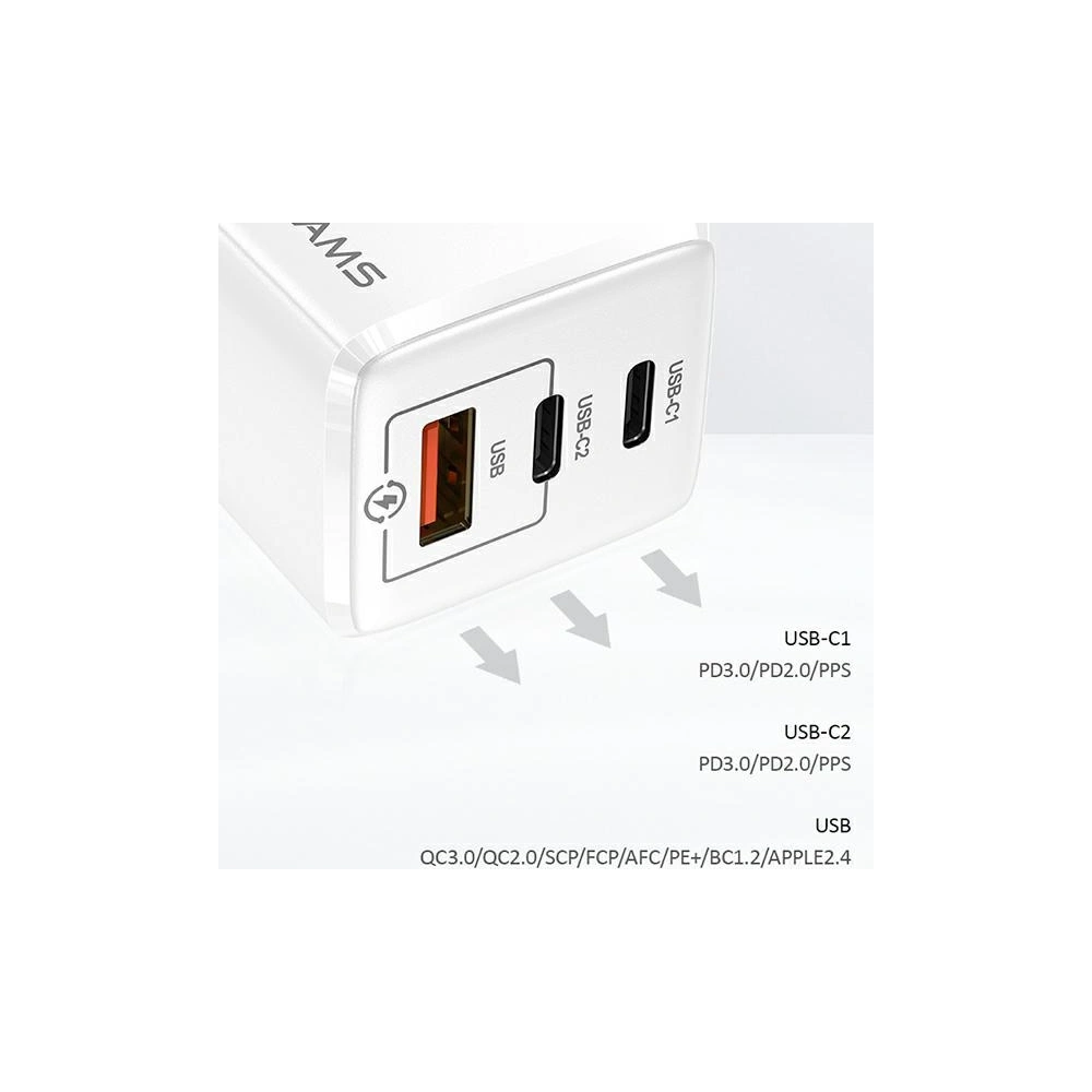 Wholesale USAMS Wall Charger MT 2xUSB-C+USB GaN 65W T33 PD Fast Charging white CC110TC02 (US-CC110) - USA563WHT - {ean13} - Hurt