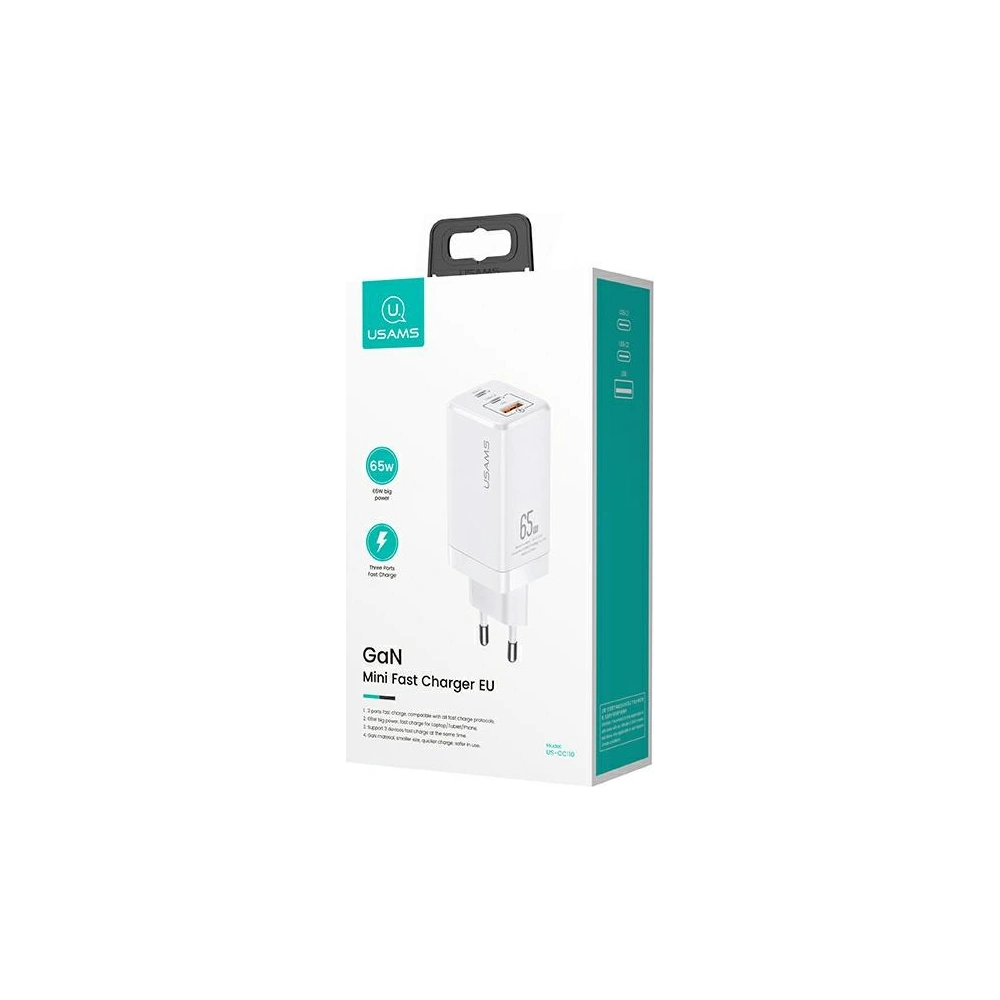 Hurtownia GSM - Síťová nabíječka USAMS MT T33 2xUSB-C+USB GaN 65W PD rychlé nabíjení bílá/white CC110TC02 - USA563WHT - {ean13} - Hurt