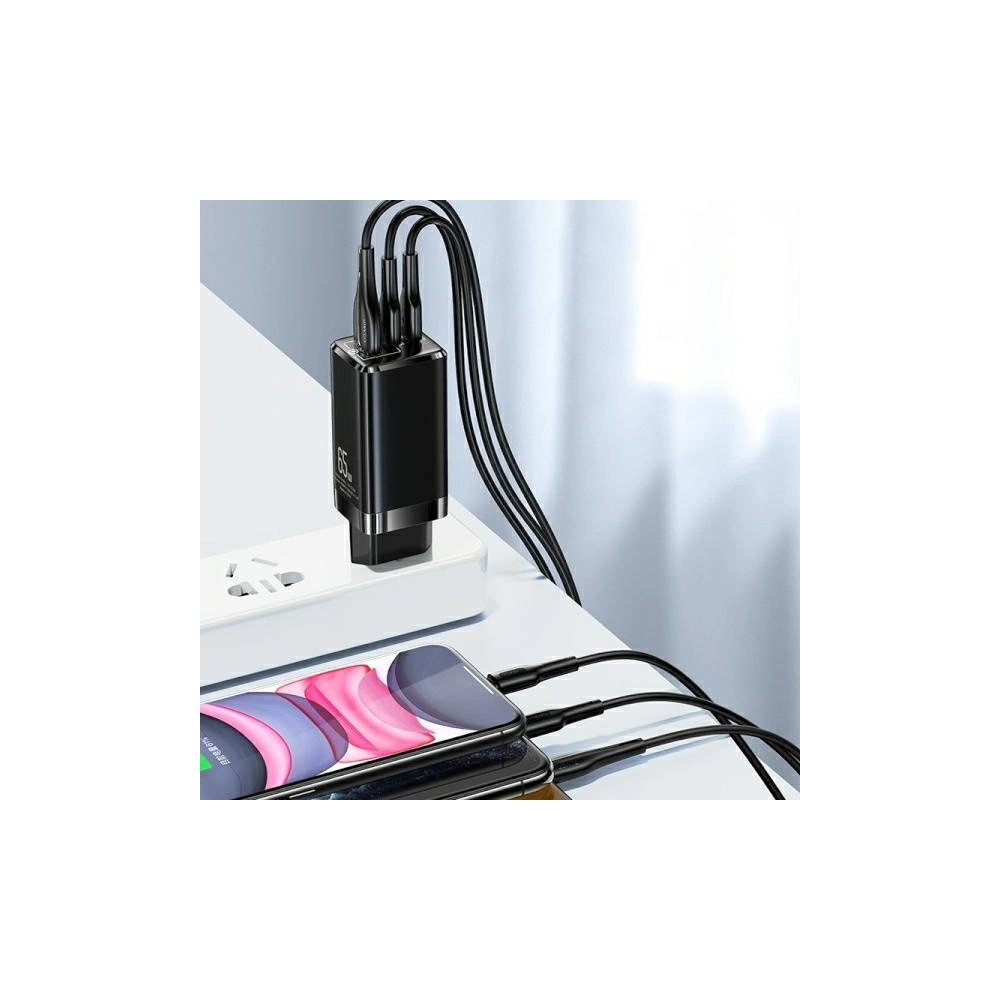 Hurtownia GSM - Síťová nabíječka USAMS MT T33 2xUSB-C+USB GaN 65W PD Rychlé nabíjení černá/black CC110TC01 - USA564BLK - {ean13} - Hurt