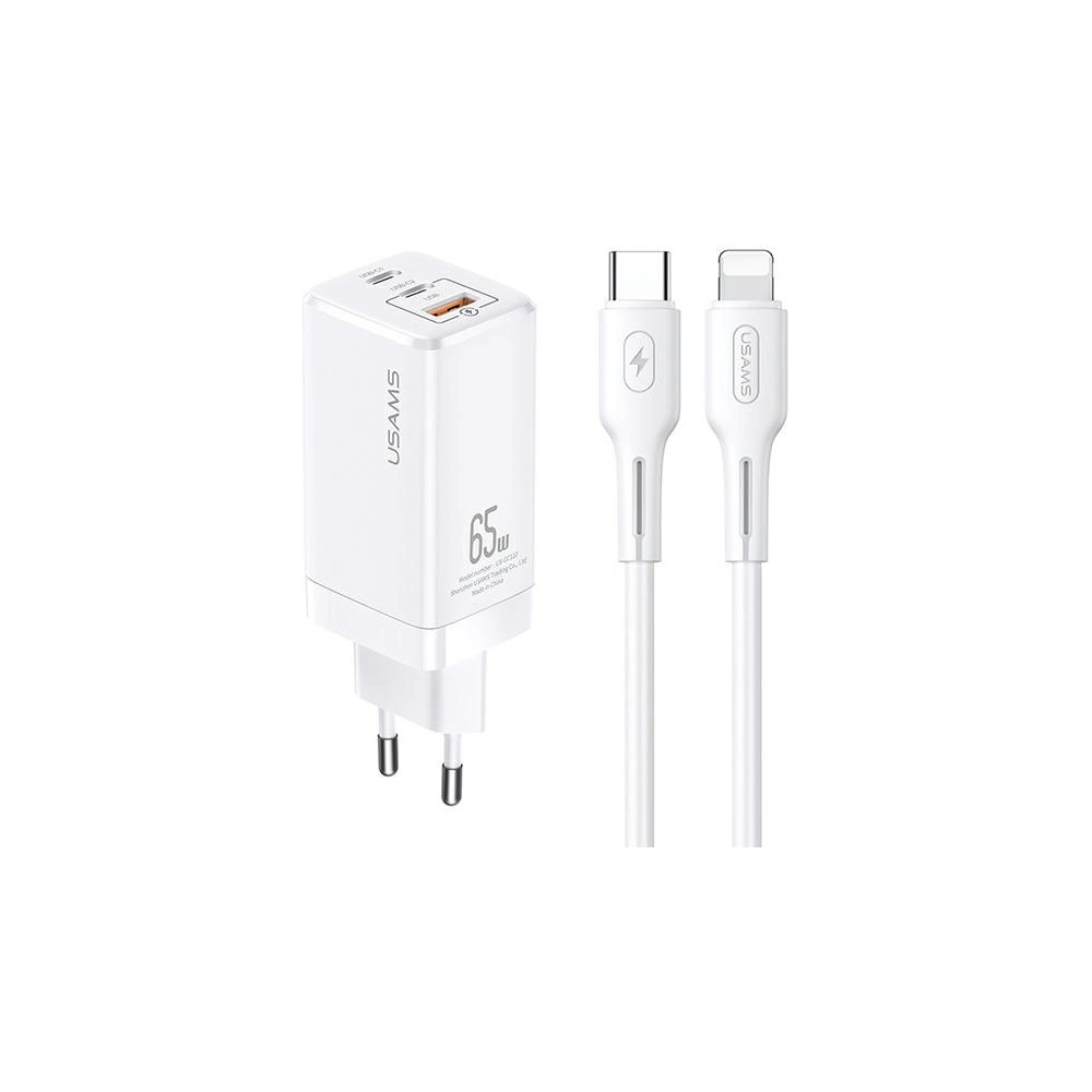 Hurtownia GSM - Ładowarka sieciowa USAMS MT T33 2xUSB-C+USB GaN 65W PD + kabel USB-C-Lightning 30W Fast Charging biały/white MTXLOGTL02 - USA565WHT - {ean13} - Hurt