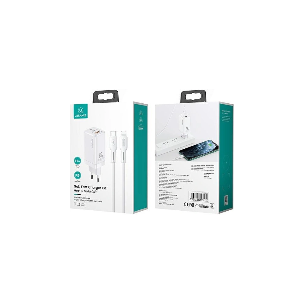Hurtownia GSM - Ładowarka sieciowa USAMS MT T33 2xUSB-C+USB GaN 65W PD + kabel USB-C-Lightning 30W Fast Charging biały/white MTXLOGTL02 - USA565WHT - {ean13} - Hurt