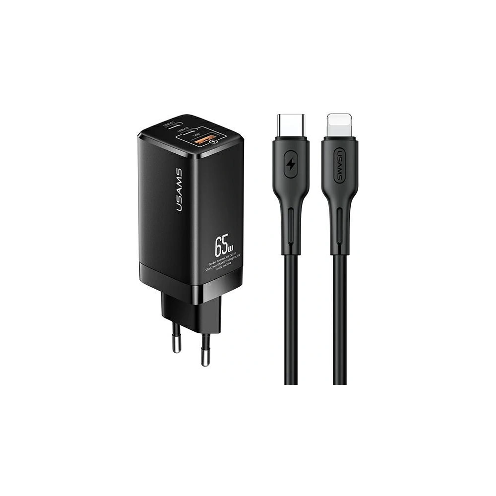 Hurtownia GSM - Ładowarka sieciowa USAMS MT T33 2xUSB-C+USB GaN 65W PD + kabel USB-C-Lightning 30W Fast Charging czarny/black MTXLOGTL01 - USA566BLK - {ean13} - Hurt