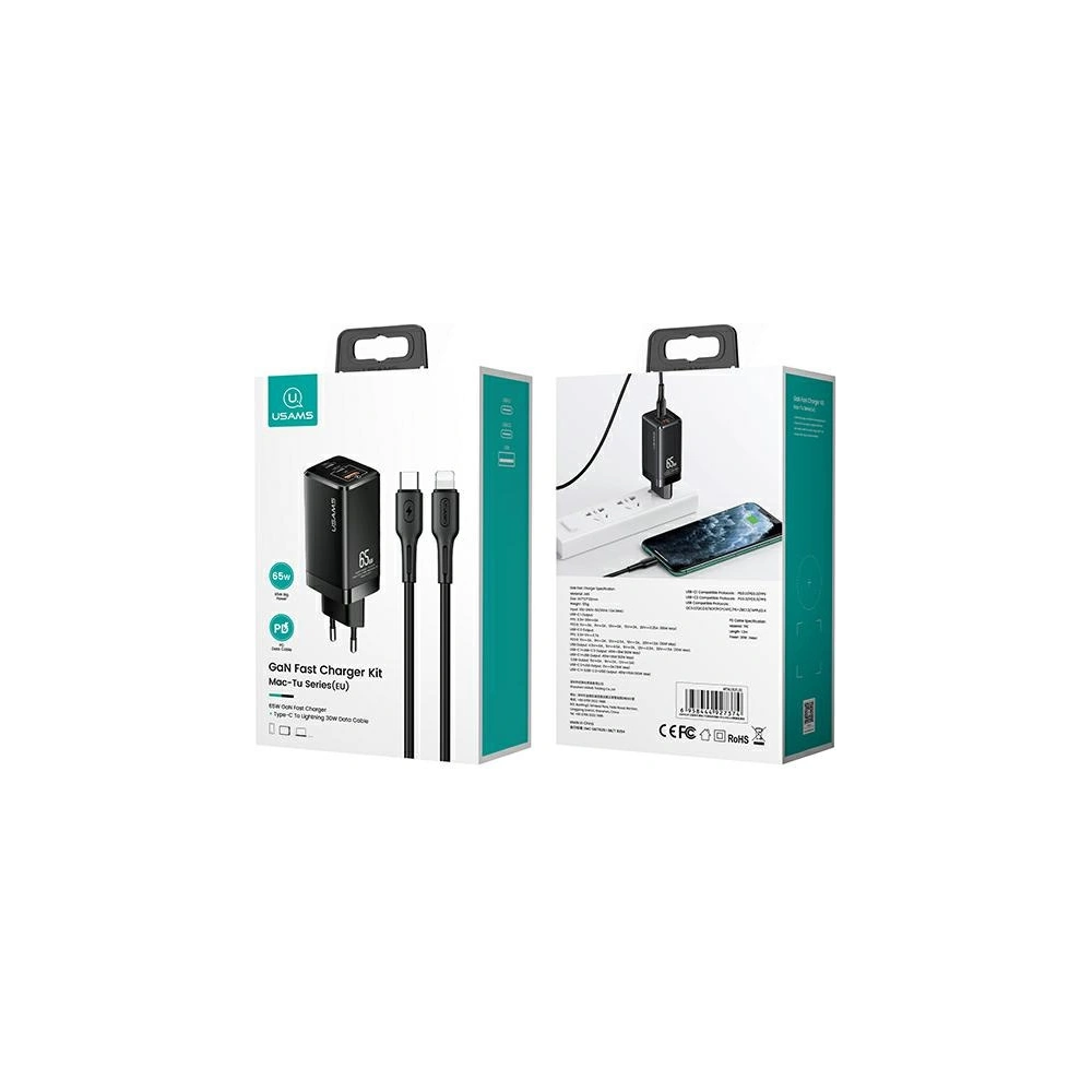 Hurtownia GSM - Ładowarka sieciowa USAMS MT T33 2xUSB-C+USB GaN 65W PD + kabel USB-C-Lightning 30W Fast Charging czarny/black MTXLOGTL01 - USA566BLK - {ean13} - Hurt