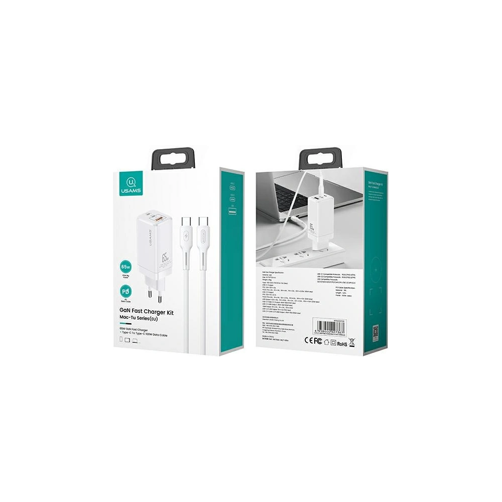 Hurtownia GSM - Síťová nabíječka USAMS MT T33 2xUSB-C+USB GaN 65W PD + kabel USB-C-USB-C 100W rychlé nabíjení bílá/white MTXLOGTC02 - USA567WHT - {ean13} - Hurt