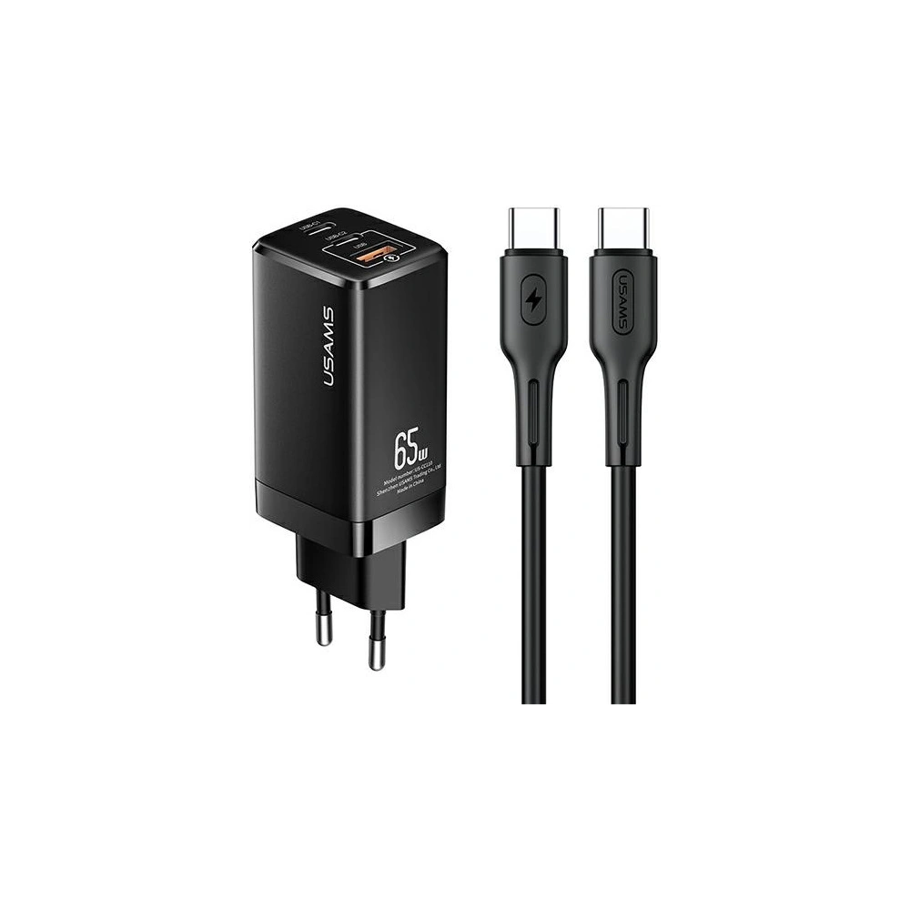 Hurtownia GSM - Síťová nabíječka USAMS MT T33 2xUSB-C+USB GaN 65W PD + kabel USB-C-USB-C 100W Rychlé nabíjení černá/black MTXLOGTC01 - USA568BLK - {ean13} - Hurt