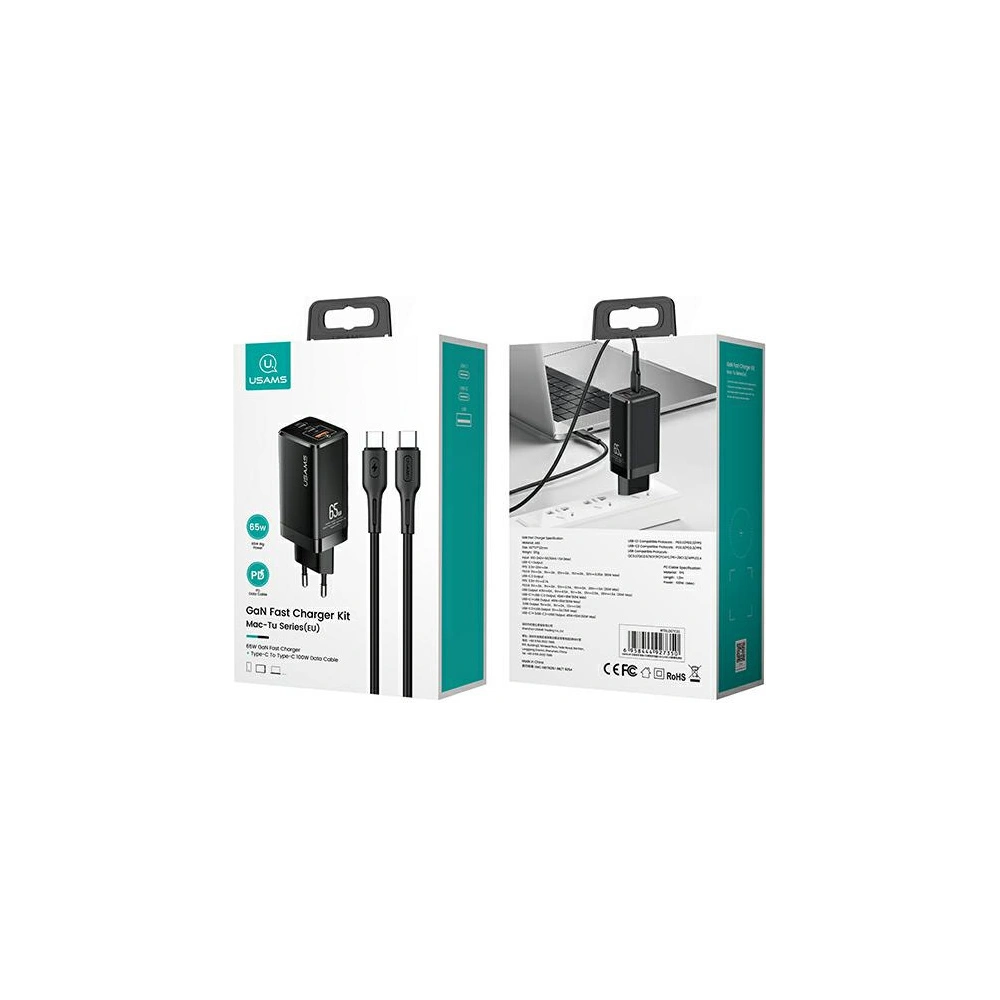 Hurtownia GSM - Síťová nabíječka USAMS MT T33 2xUSB-C+USB GaN 65W PD + kabel USB-C-USB-C 100W Rychlé nabíjení černá/black MTXLOGTC01 - USA568BLK - {ean13} - Hurt