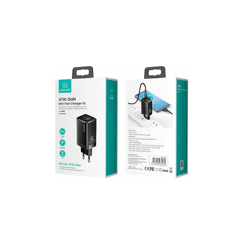 Hurtownia GSM - Ładowarka sieciowa USAMS T41 USB-C+USB GaN 47W PD+QC Fast Charging biały/white CC137TC02 - USA569WHT - {ean13} - Hurt