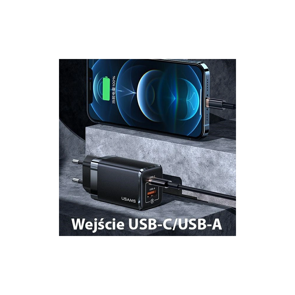 Hurtownia GSM - Síťová nabíječka USAMS T41 USB-C+USB GaN 47W PD+QC Rychlé nabíjení černá/black CC137TC01 - USA570BLK - {ean13} - Hurt