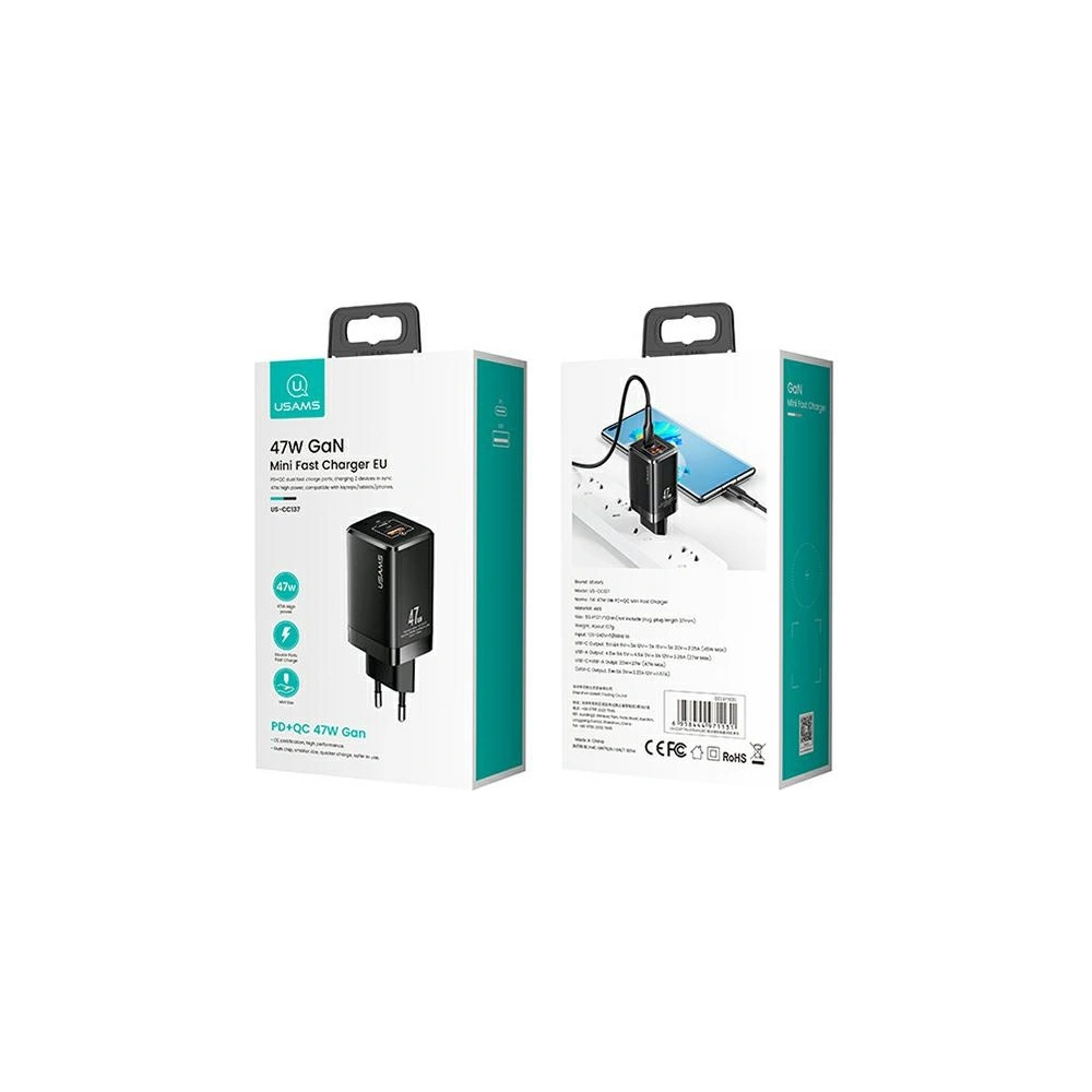 Hurtownia GSM - Síťová nabíječka USAMS T41 USB-C+USB GaN 47W PD+QC Rychlé nabíjení černá/black CC137TC01 - USA570BLK - {ean13} - Hurt