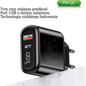 Ładowarka sieciowa USAMS T23 USB+USB-C 18W 3,2A QC3.0+PD3.0 Fast Charging czarny/black CC85TC01