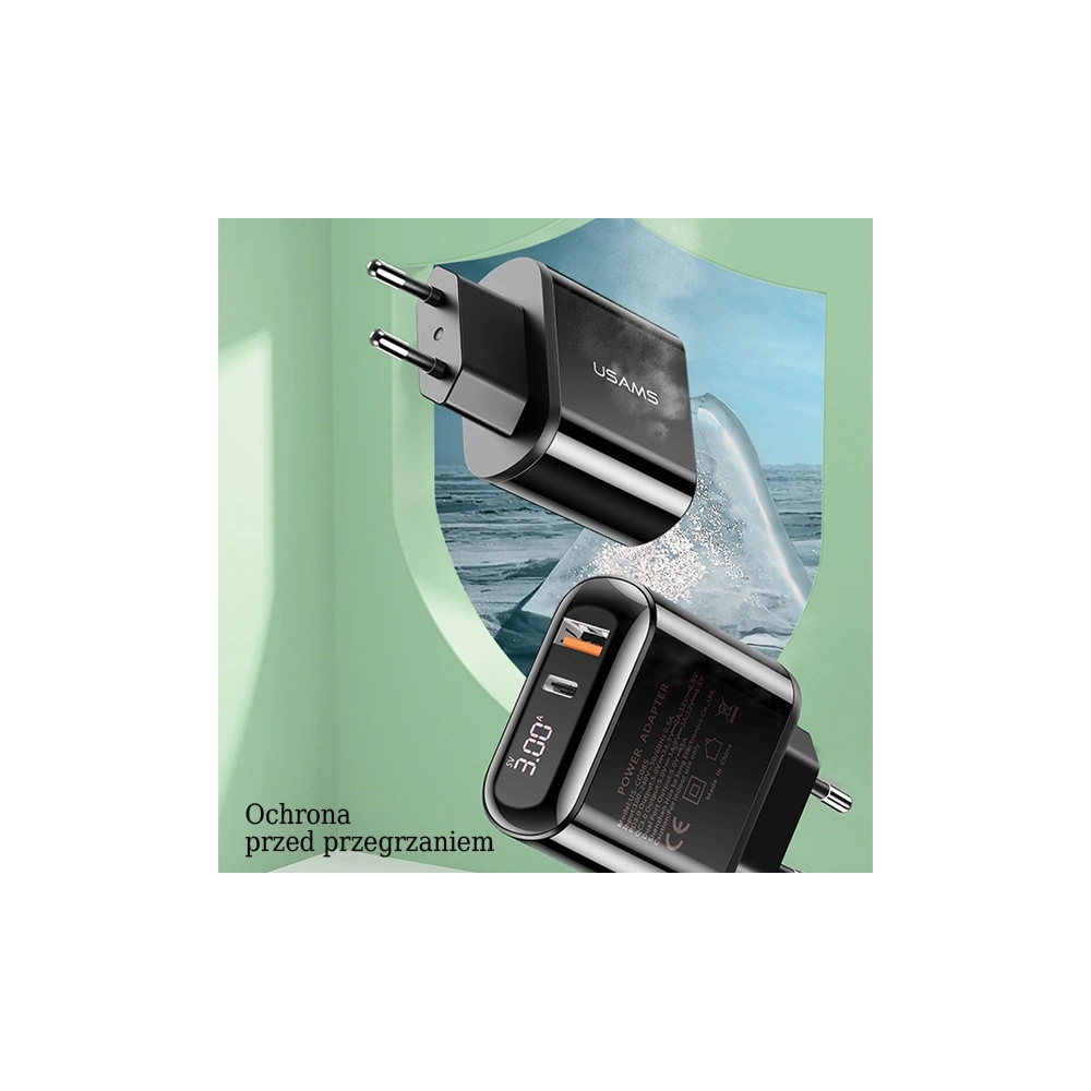 Hurtownia GSM - Ładowarka sieciowa USAMS T23 USB+USB-C 18W 3,2A QC3.0+PD3.0 Fast Charging czarny/black CC85TC01 - USA571BLK - {ean13} - Hurt