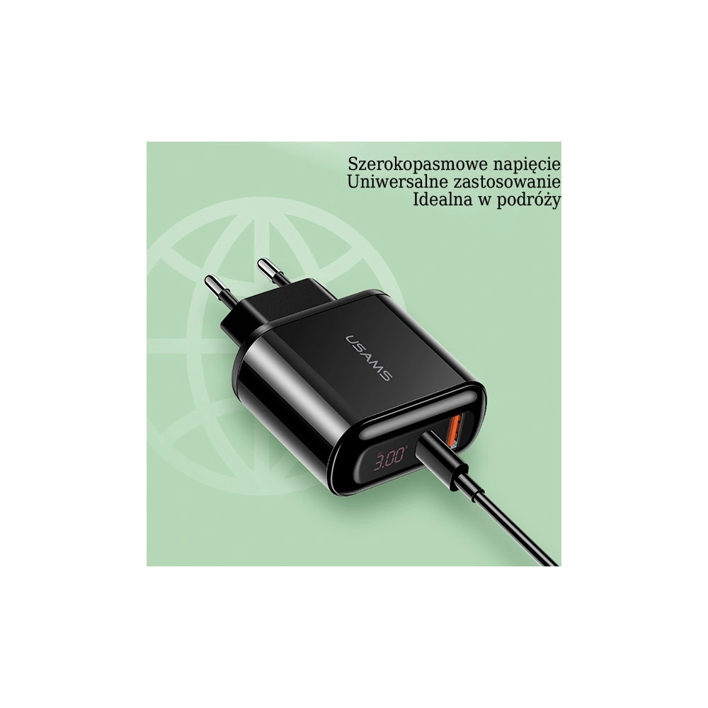 Hurtownia GSM - Ładowarka sieciowa USAMS T23 USB+USB-C 18W 3,2A QC3.0+PD3.0 Fast Charging czarny/black CC85TC01 - USA571BLK - {ean13} - Hurt