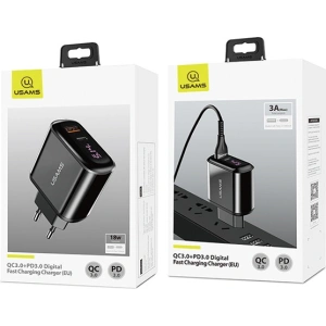Ładowarka sieciowa USAMS T23 USB+USB-C 18W 3,2A QC3.0+PD3.0 Fast Charging czarny/black CC85TC01