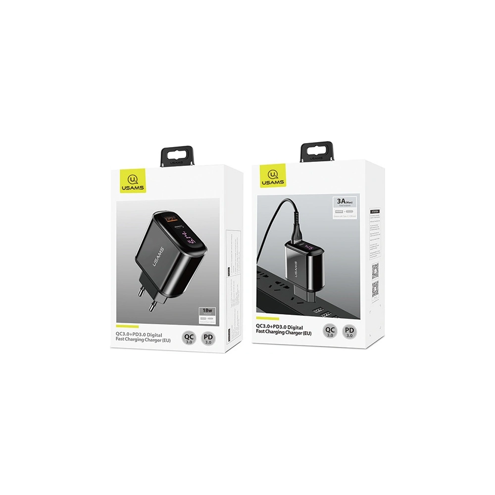 Hurtownia GSM - Ładowarka sieciowa USAMS T23 USB+USB-C 18W 3,2A QC3.0+PD3.0 Fast Charging czarny/black CC85TC01 - USA571BLK - {ean13} - Hurt