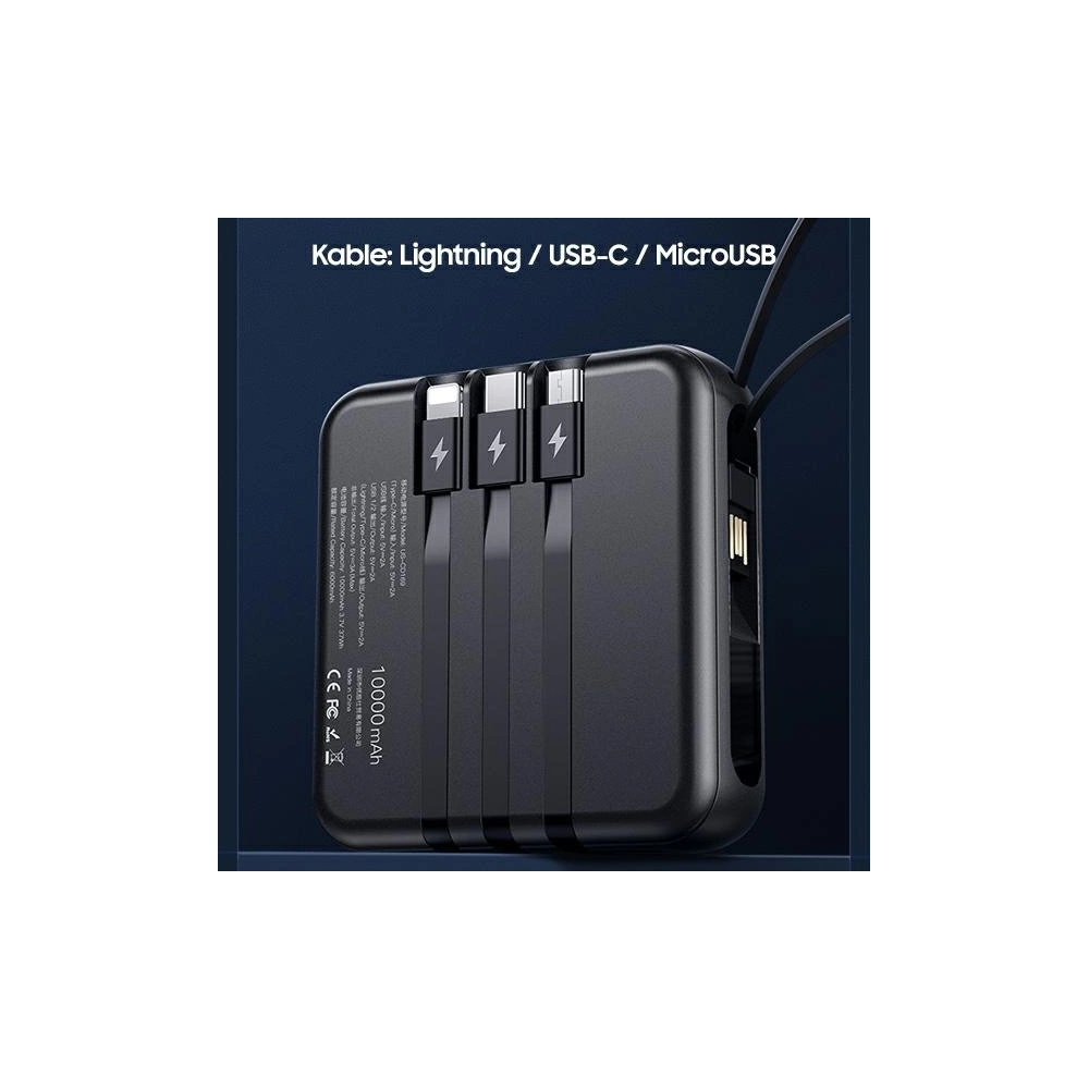 Hurtownia GSM - Powerbanka USAMS PB61 10000mAh LED + kabel USB-C/Lightning/MicroUSB černý/black 10KCD16901 - USA573BLK - {ean13} - Hurt