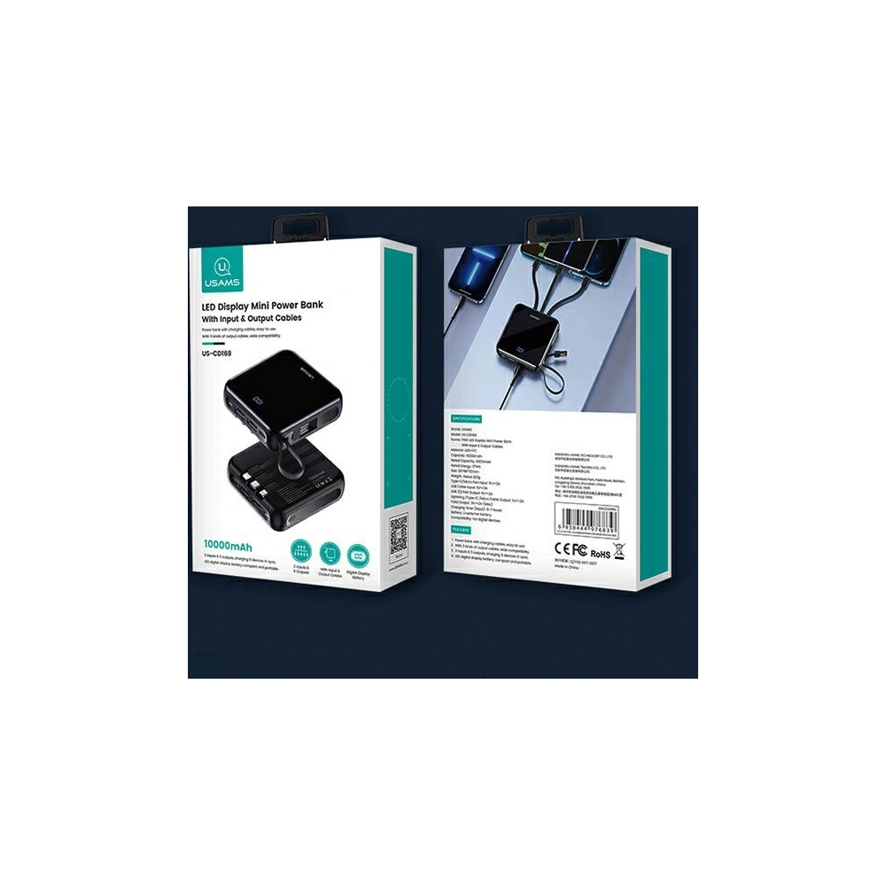 Hurtownia GSM - Powerbanka USAMS PB61 10000mAh LED + kabel USB-C/Lightning/MicroUSB černý/black 10KCD16901 - USA573BLK - {ean13} - Hurt