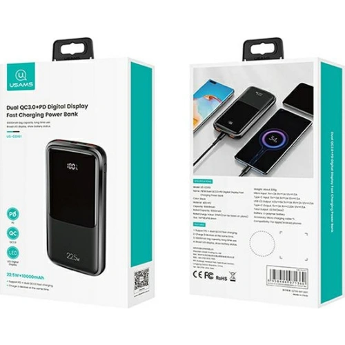 Powerbank USAMS PB58 10000mAh 22.5W QC3.0+PD Fast Charge czarny/black 10KCD16101