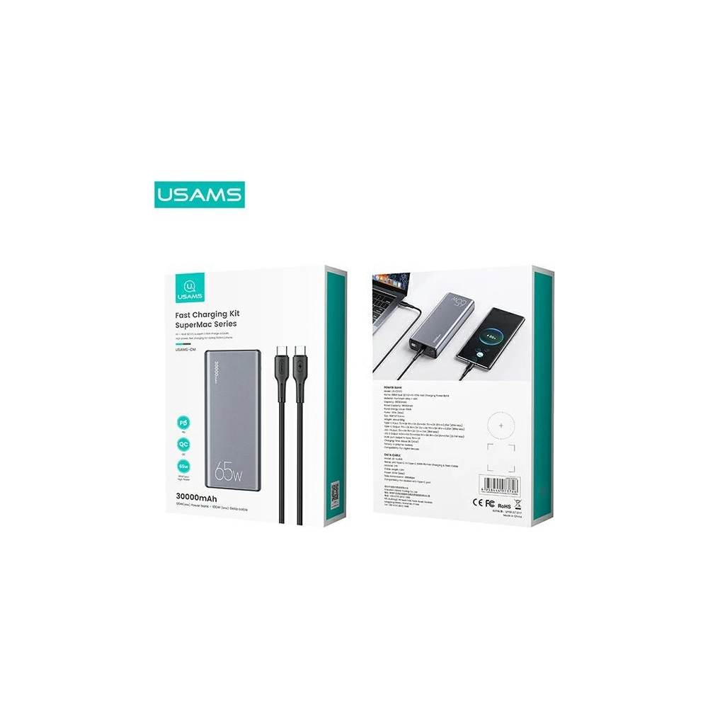 Wholesale USAMS Powerbank PB59 30000mAh 65W 2xQC3.0+PD Fast Charge black CMXLOGTC01 (US-CD165) + cable USB-C-USB-C - USA622BLK - {ean13} - Hurt
