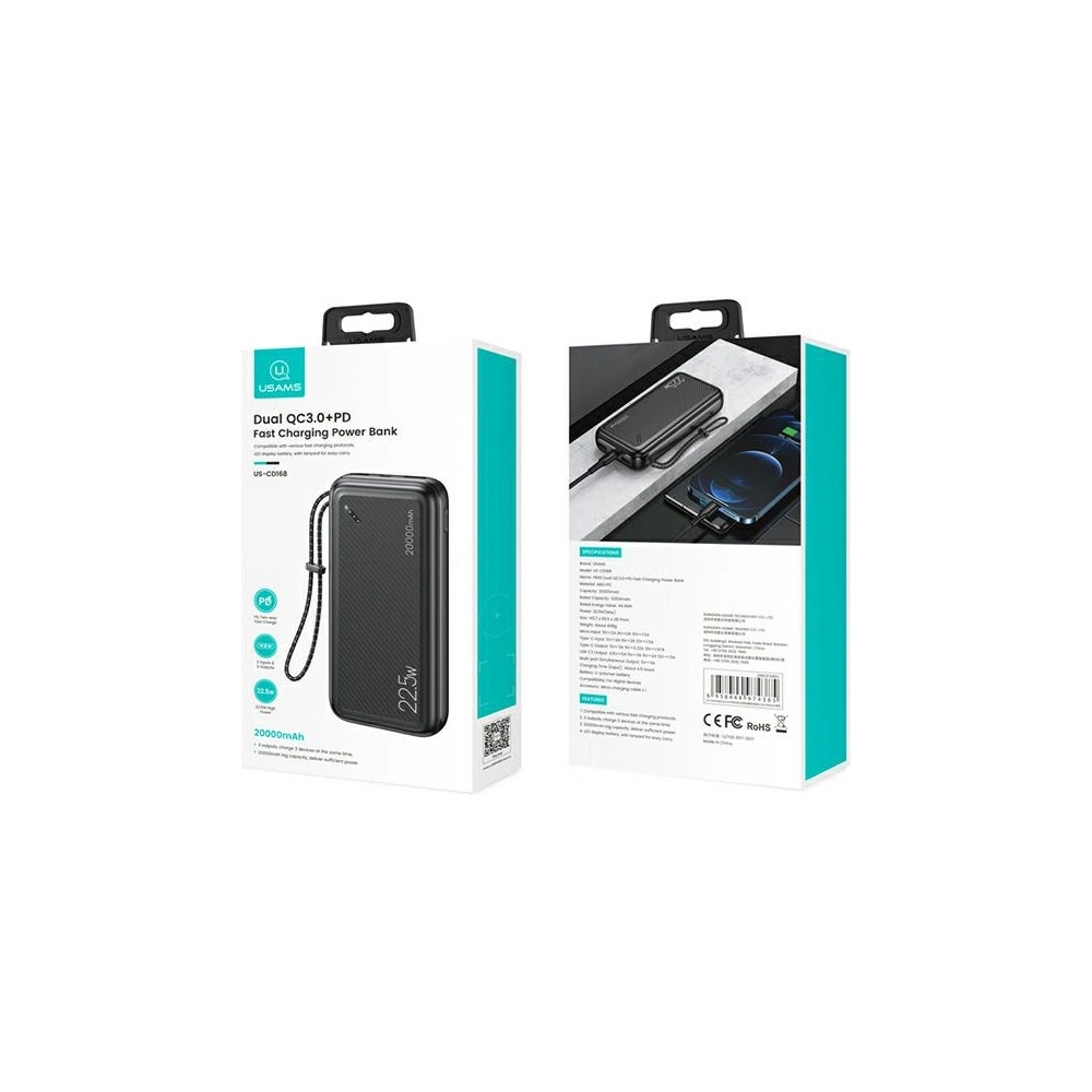 Wholesale USAMS Powerbank PB60 20000mAh 22.5W 2xQC3.0+PD Fast Charge black 20KCD16801 (US-CD168) - USA623BLK - {ean13} - Hurt