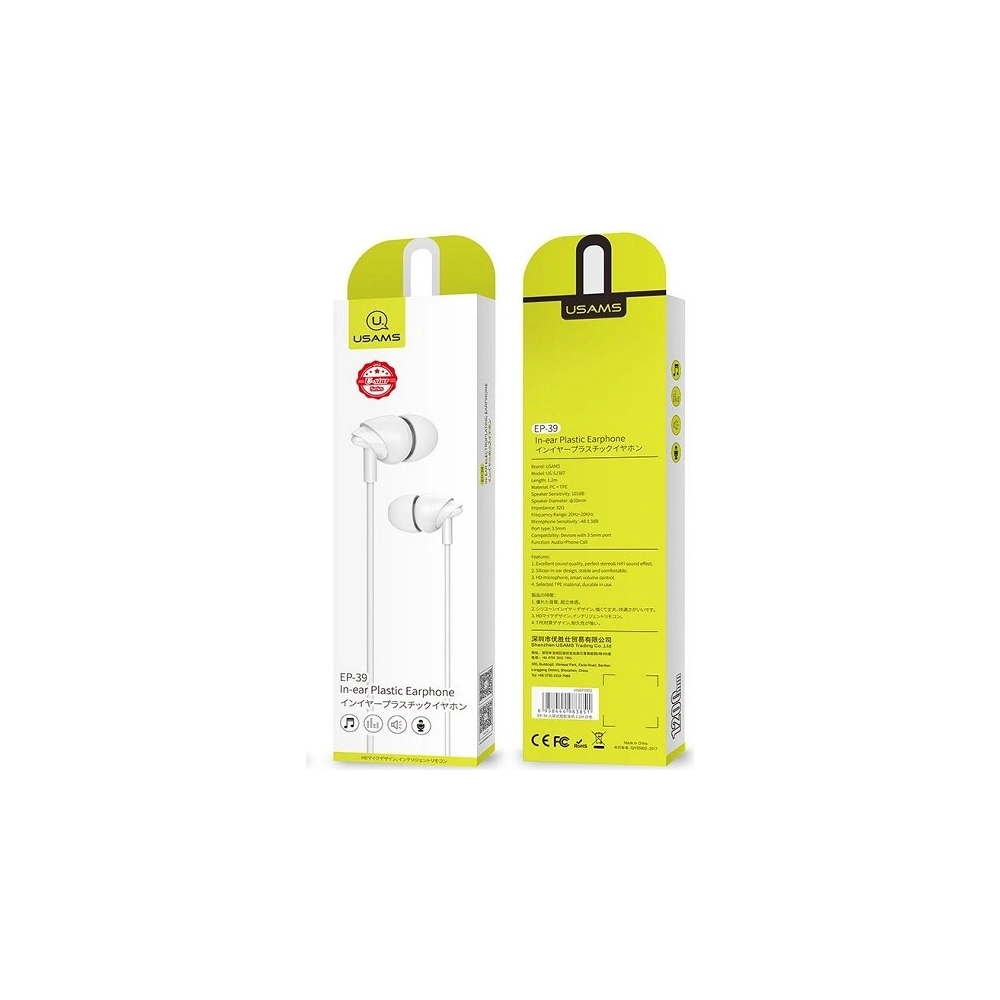 Hurtownia GSM - Sluchátka stereo USAMS EP-39 3,5 mm bílé/white HSEP3902 - USA714WHT - {ean13} - Hurt