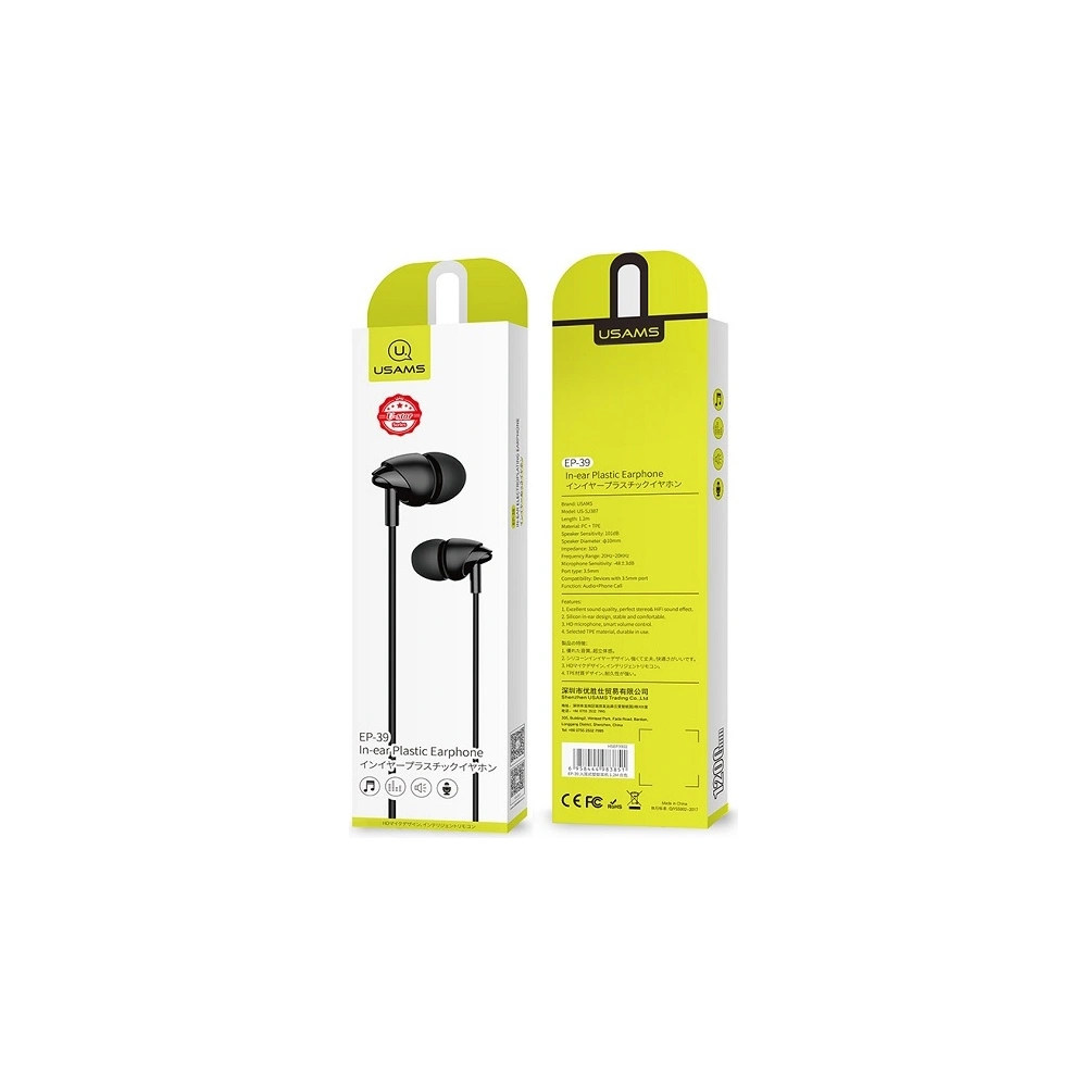 Hurtownia GSM - Sluchátka stereo USAMS EP-39 3,5 mm černá/black HSEP3901 - USA715BLK - {ean13} - Hurt