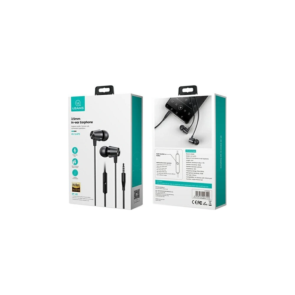 Hurtownia GSM - Sluchátka stereo USAMS EP-42 3,5 mm černá/black box SJ475HS01 - USA720BLK - {ean13} - Hurt