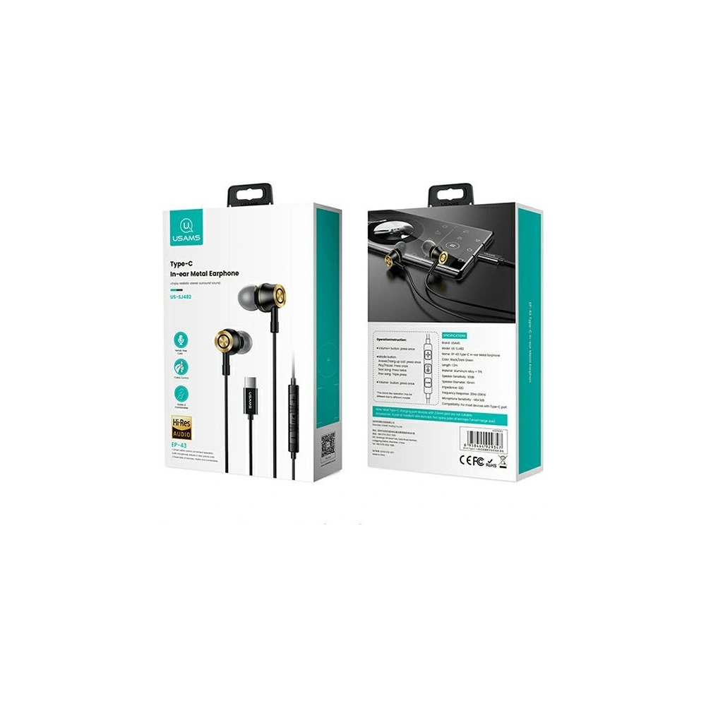 Wholesale USAMS Earphones stereo EP-43 metal USB-C black HSEP4301 - USA722BLK - {ean13} - Hurt